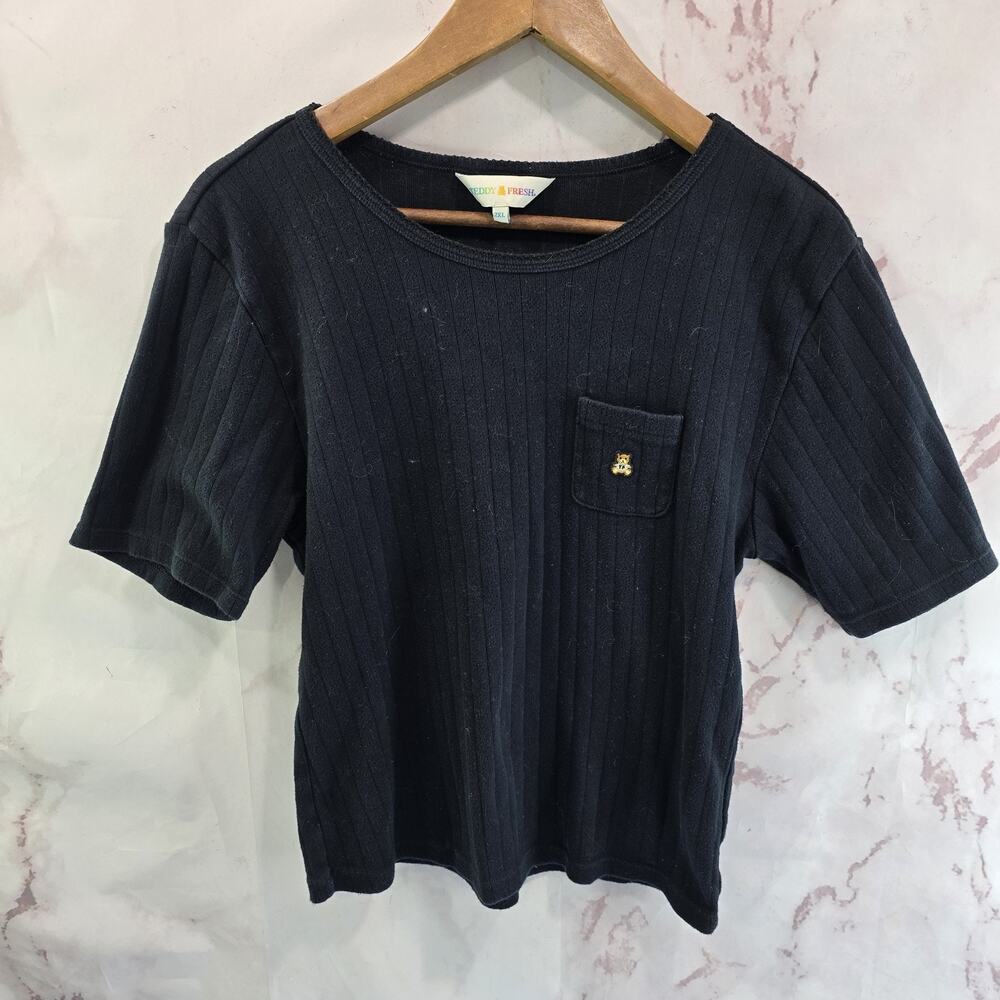 Teddy Fresh Shirt Womens XL Black Pointelle Short Sleeve Crop Ribbed Round